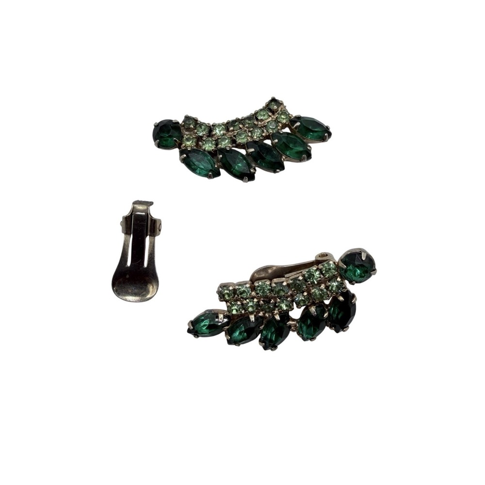 Vintage Green Rhinestone Clip Earrings Broken Repair Craft Lot